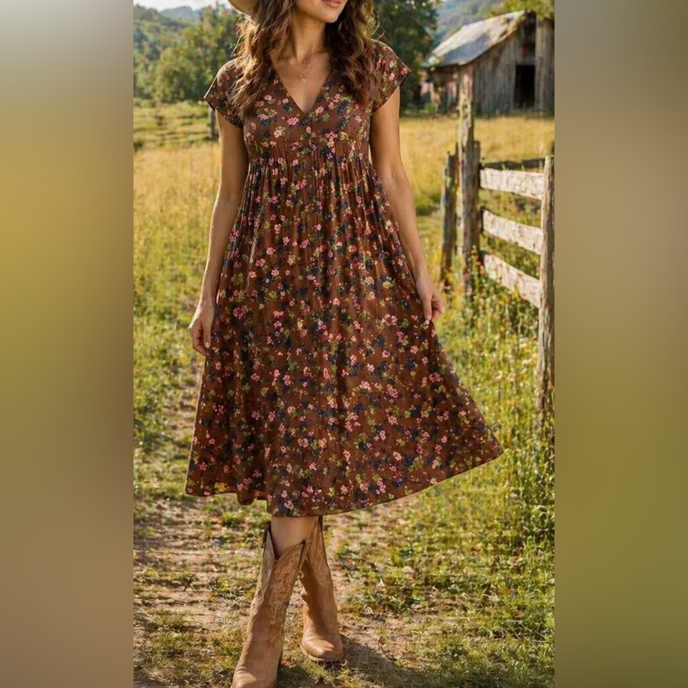 NWT-Natural Life Avery Corduroy Brown Bouquets Floral Cotton Dress
